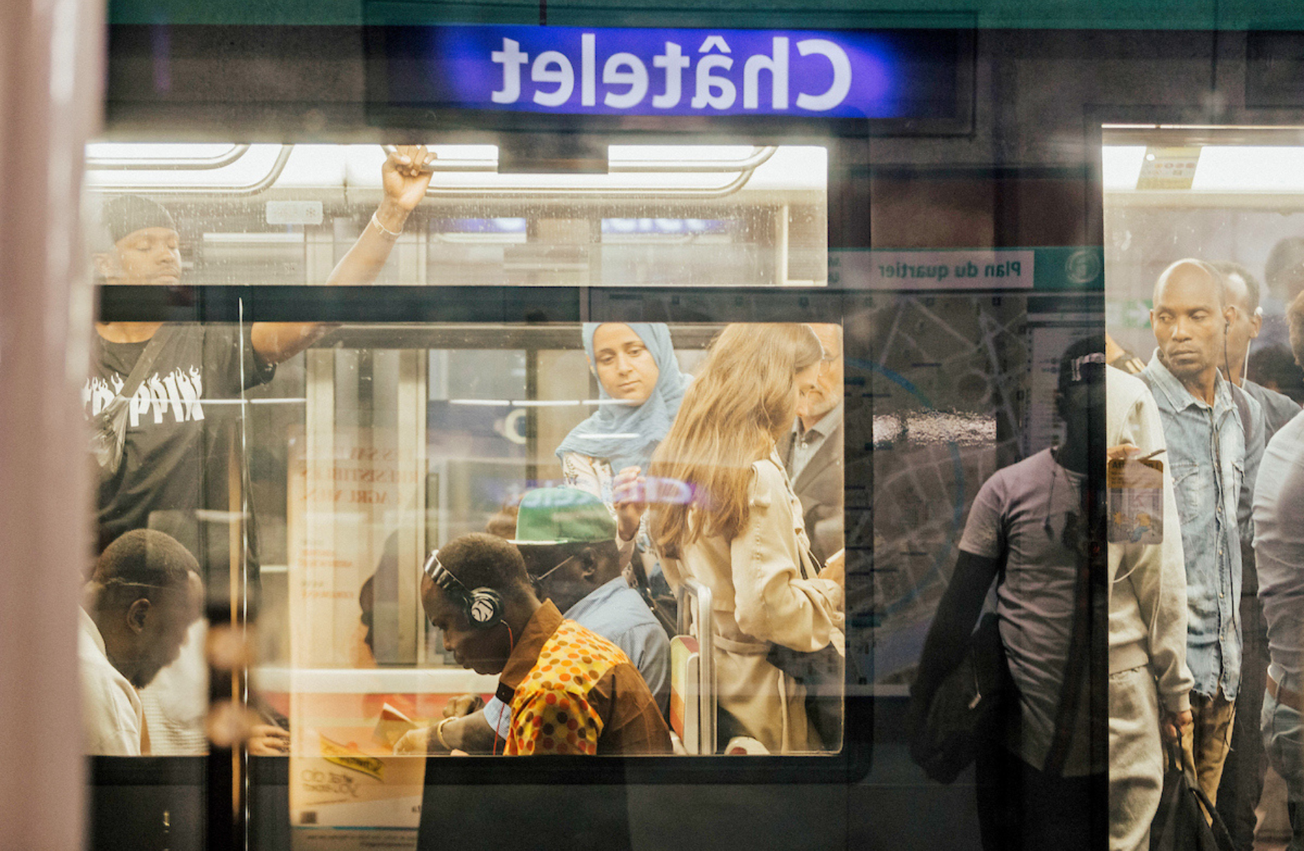 view of people in the French subway traincar