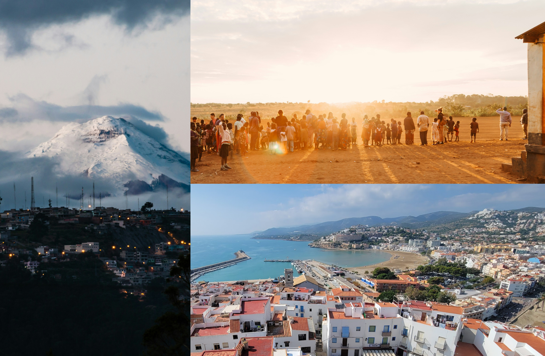 collage of a mountain in Ecuador, people in a row in Malawi, and overhead shot of Barcelona seaside town