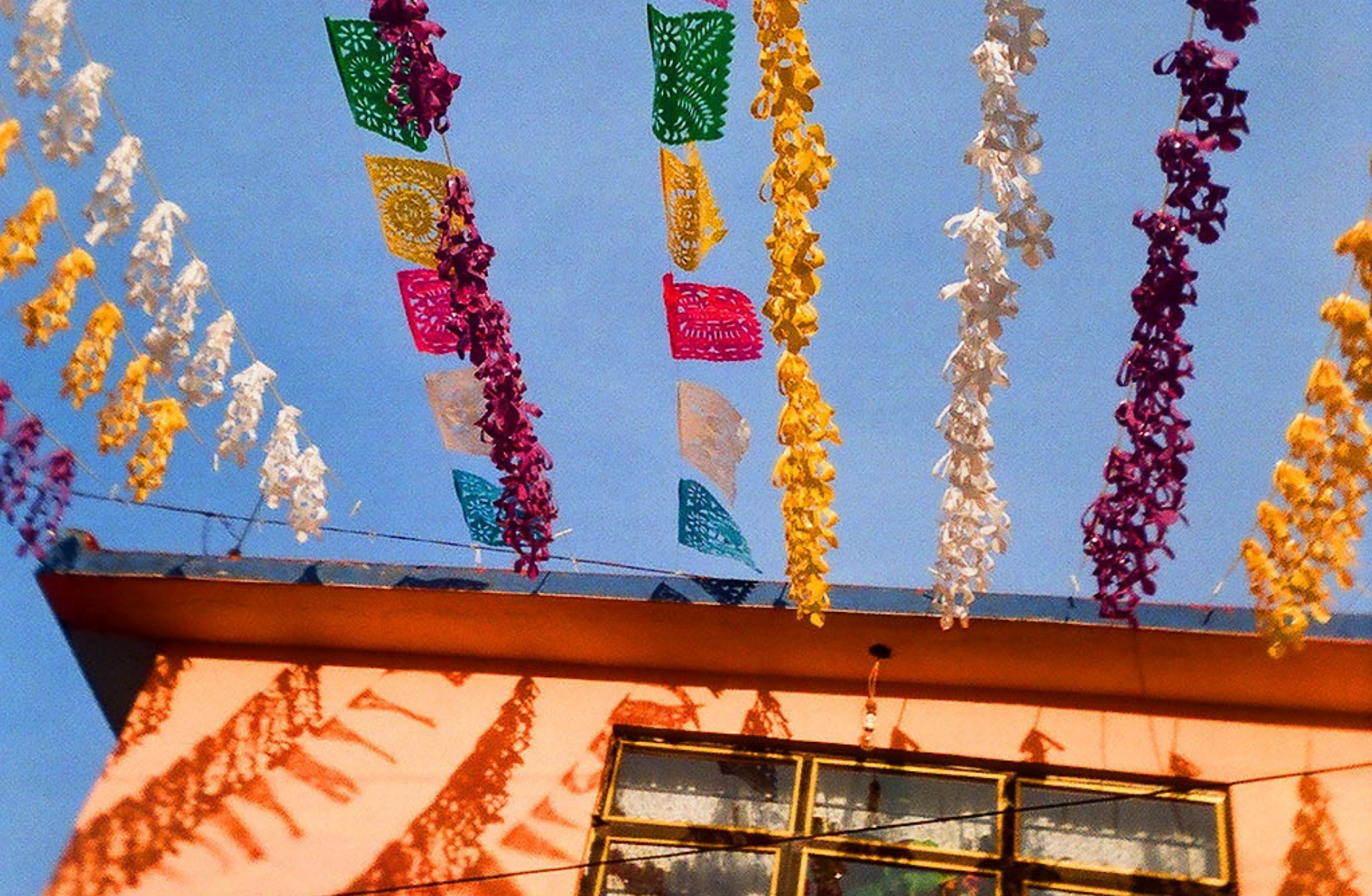 Rows of flags hanging from a building