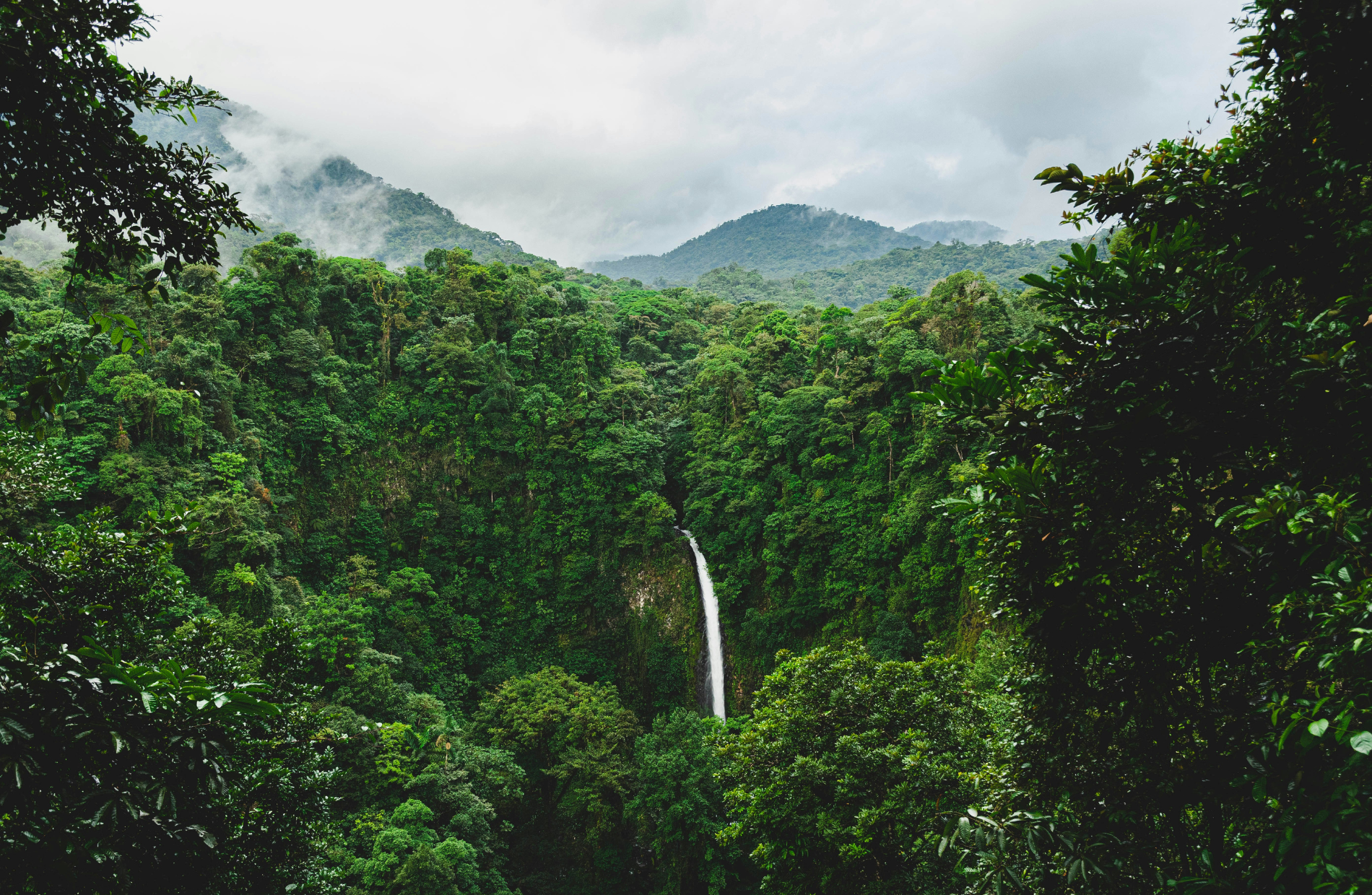 waterfall in the depths of the jungle with mountains in the background during the daytime
