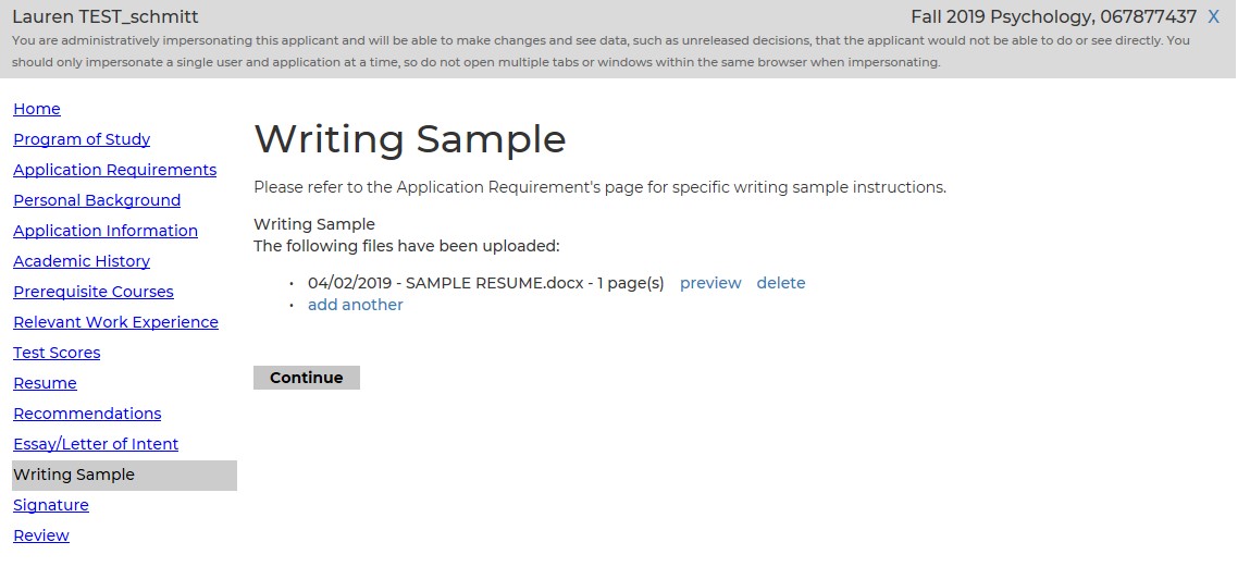 Screenshot of the Writing Sample section of the graduate application showing instructions to follow application requirements, a list of uploaded writing sample files with options to preview, delete, or add another file, and a Continue button. The left navigation menu highlights Writing Sample among other application sections.