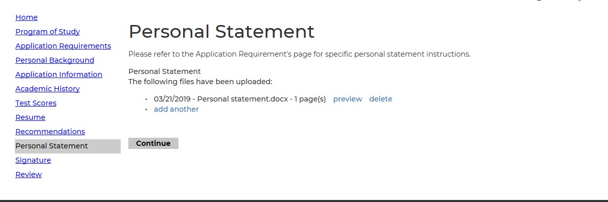 Screenshot of the Personal Statement section of the graduate application showing instructions to follow application requirements, a list of uploaded personal statement files with options to preview, delete, or add another file, and a Continue button. The left navigation menu highlights Personal Statement among other application sections.