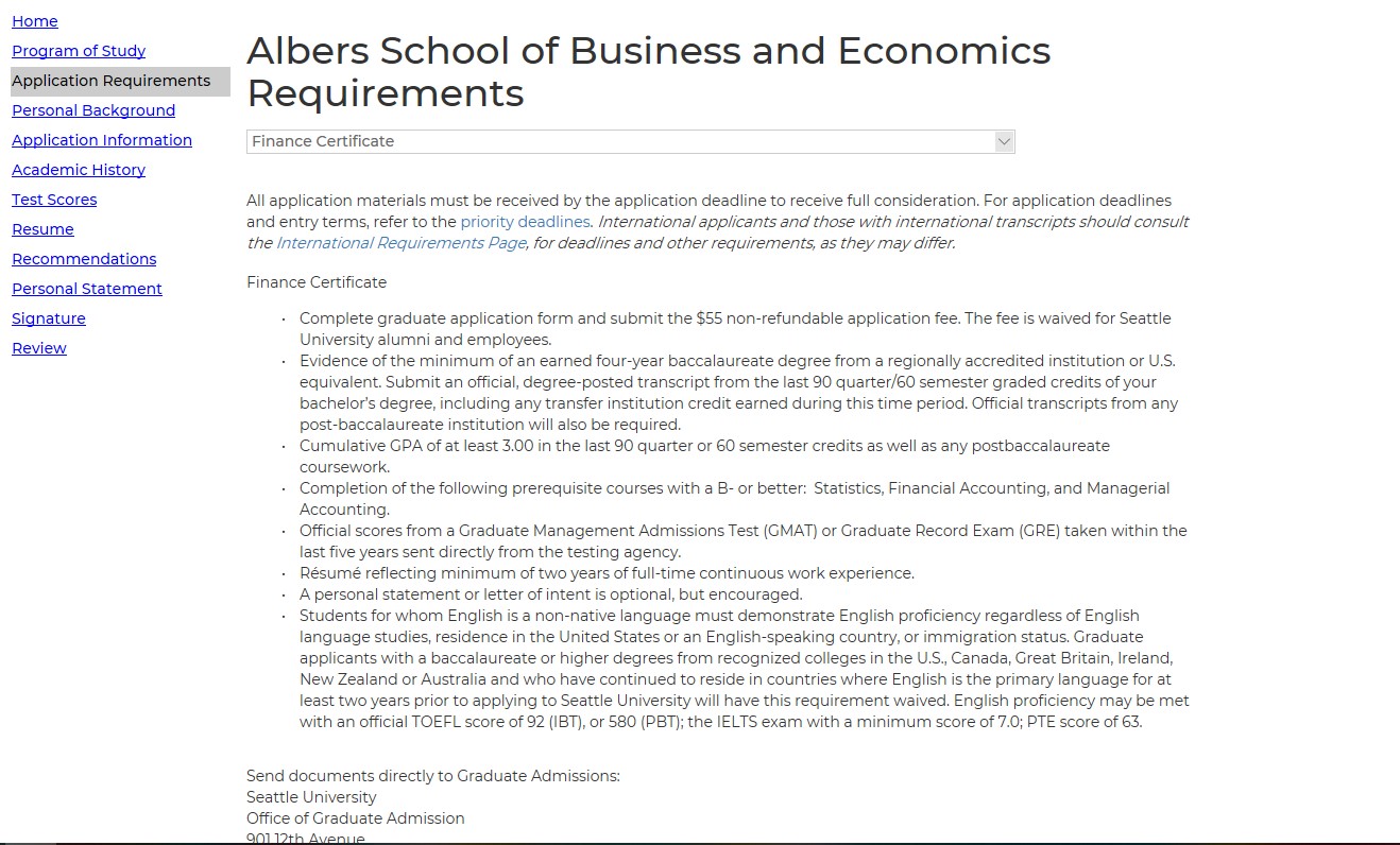 Screenshot of the Application Requirements section of the graduate application showing program-specific requirements for the Albers School of Business and Economics, including a program selection menu, a list of application materials and prerequisites, and application instructions. The left navigation menu highlights Application Requirements among other application sections.