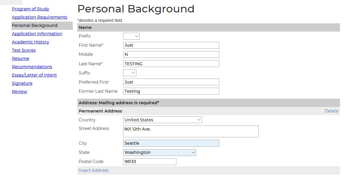 Screenshot of the online graduate admissions application interface with a left navigation sidebar and central form fields for entering Personal Background application information.