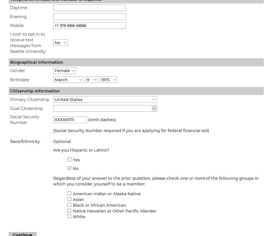 Screenshot of the Personal Background section of the graduate application showing form fields for contact phone numbers, biographical information such as gender and birthdate, citizenship information including primary citizenship and Social Security number, and optional race and ethnicity questions, with a Continue button at the bottom.