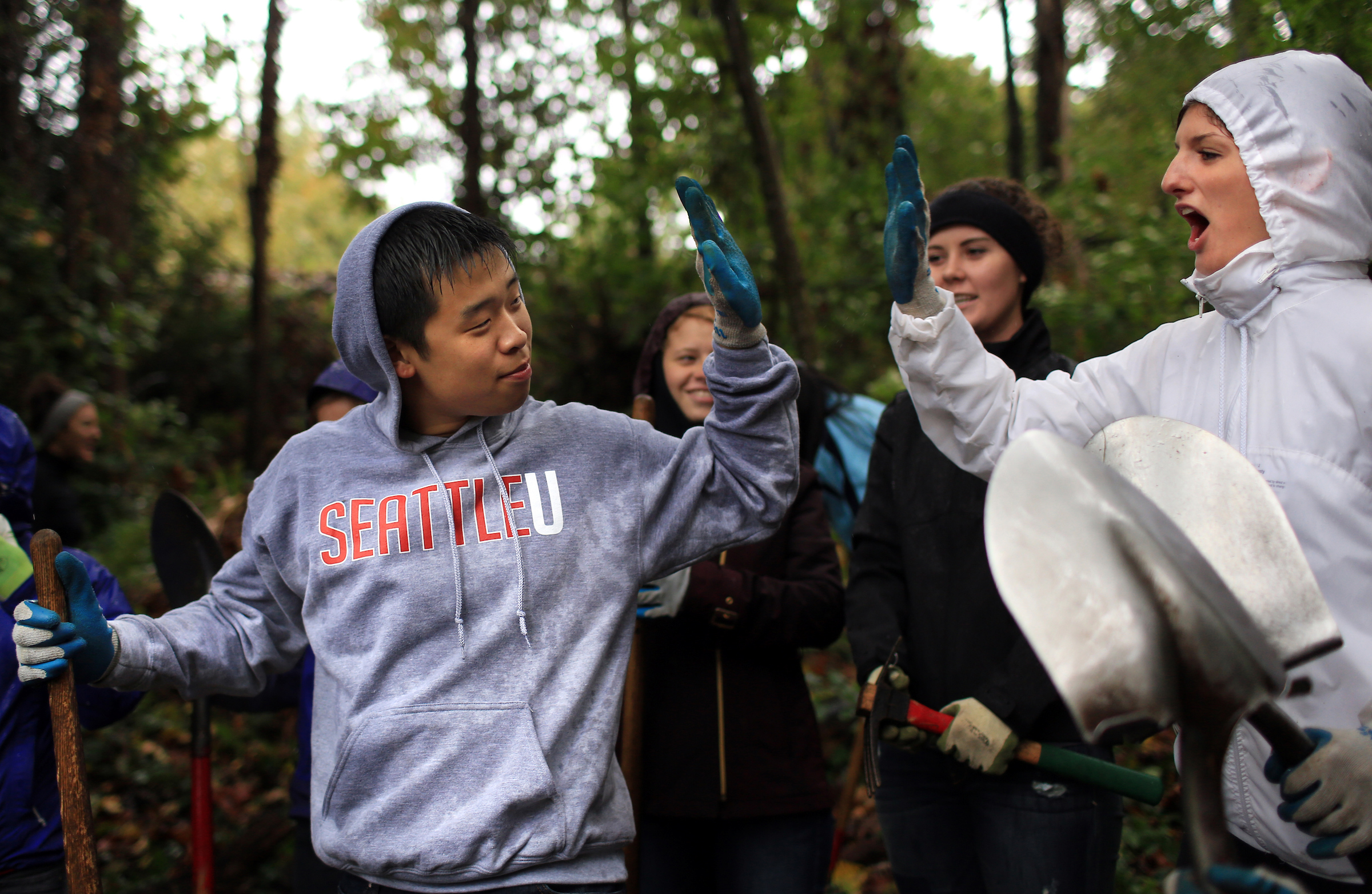 A group of people with shovels in the woods.