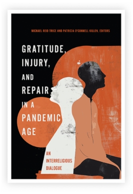 Book cover in orange, black and white of Gratitude, Injury and Repair in a Pandemic Age