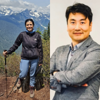 Meenakshi Rishi on a hike smiling and David Kwon smiling with his arms crossed