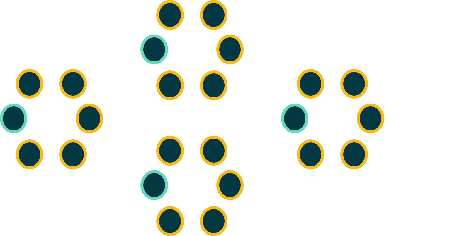 four pods of 6 small, connected circles