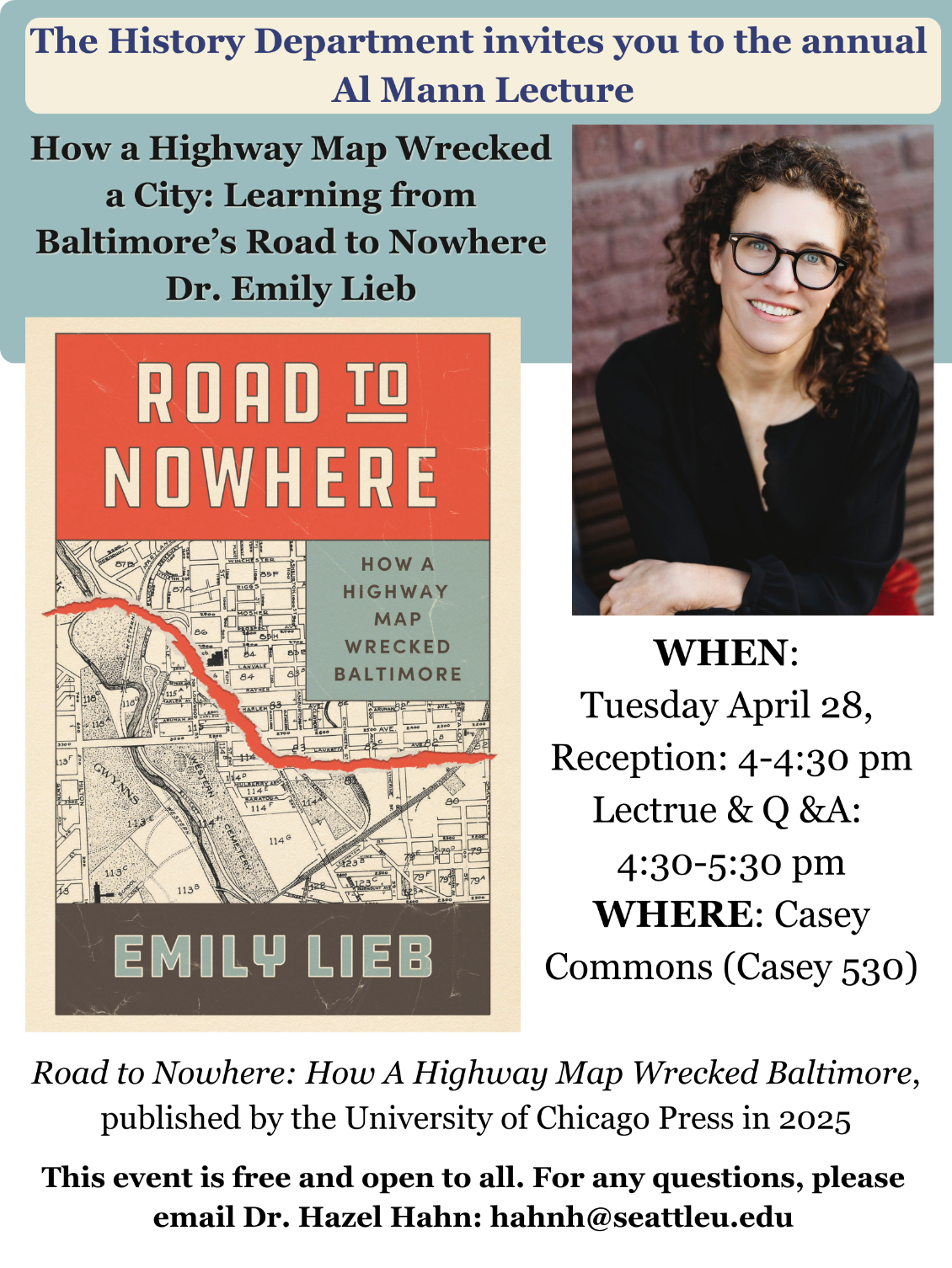 A poster with guest speaker Emily Lieb on right with copy of her book cover on the left