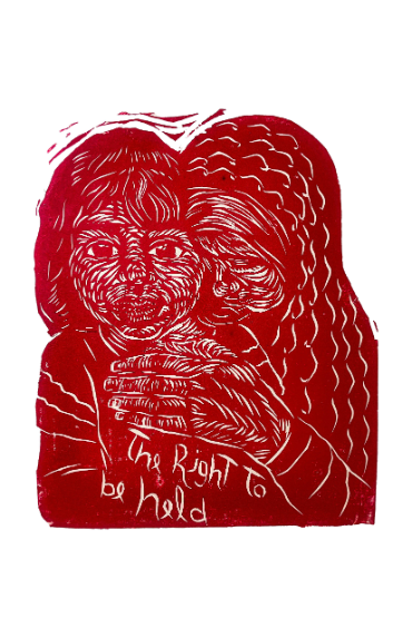 a woodcut of a woman and child with the words 