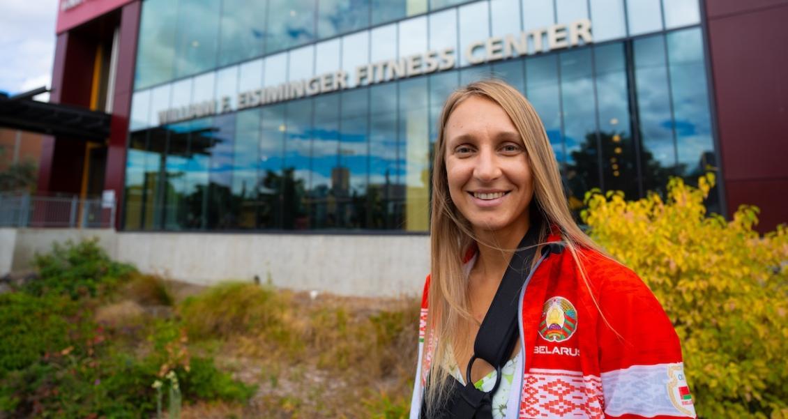 Portrait of Olympian outside on campus