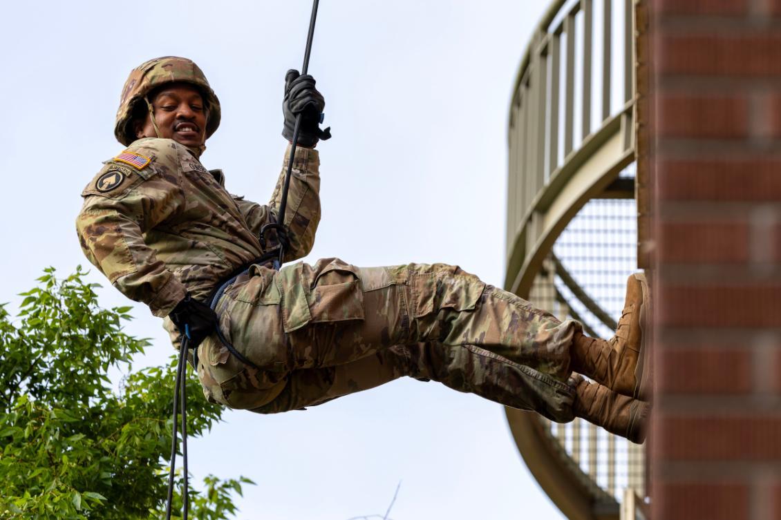 ROTC student rappelling