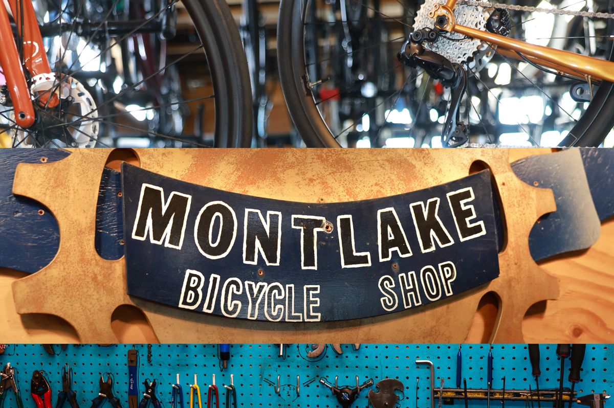 Three images: Bicycles, a mural and tools showcased at Montlake Bike Shop