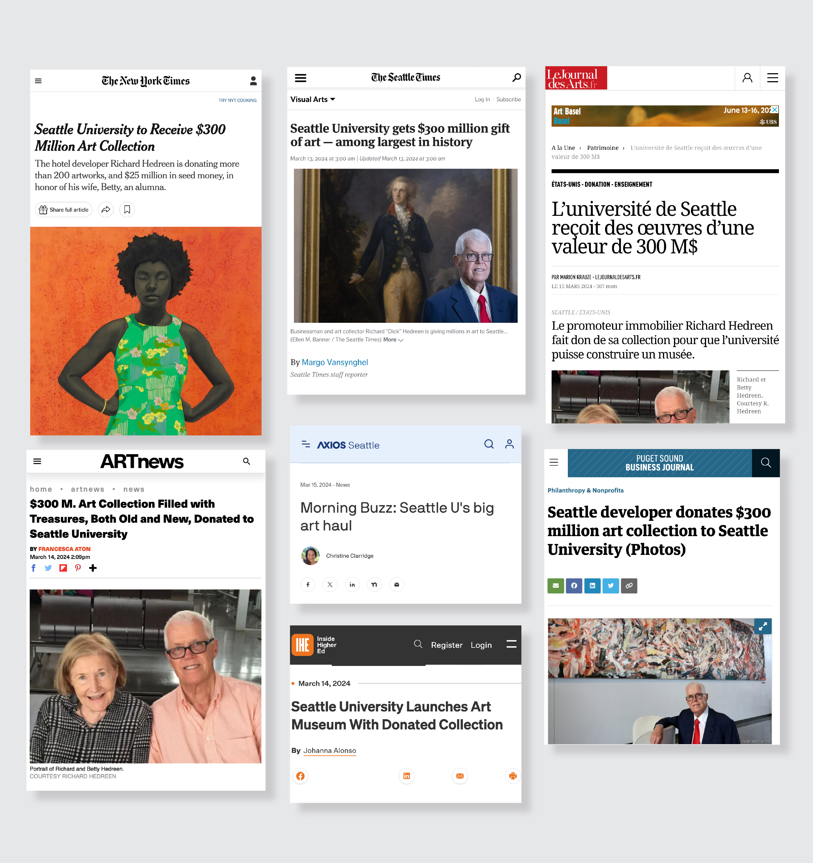 Screenshots of different online news agencies that wrote about the Hedreen gift to Seattle University