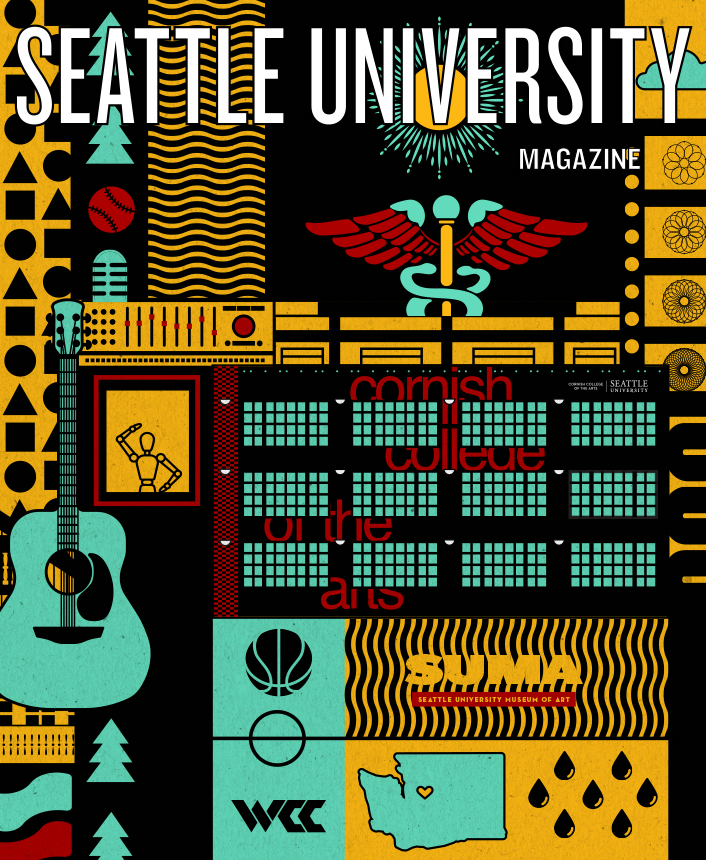 A graphic illustration of Cornish, Nursing, Art, and Athletics with the Seattle University masthead