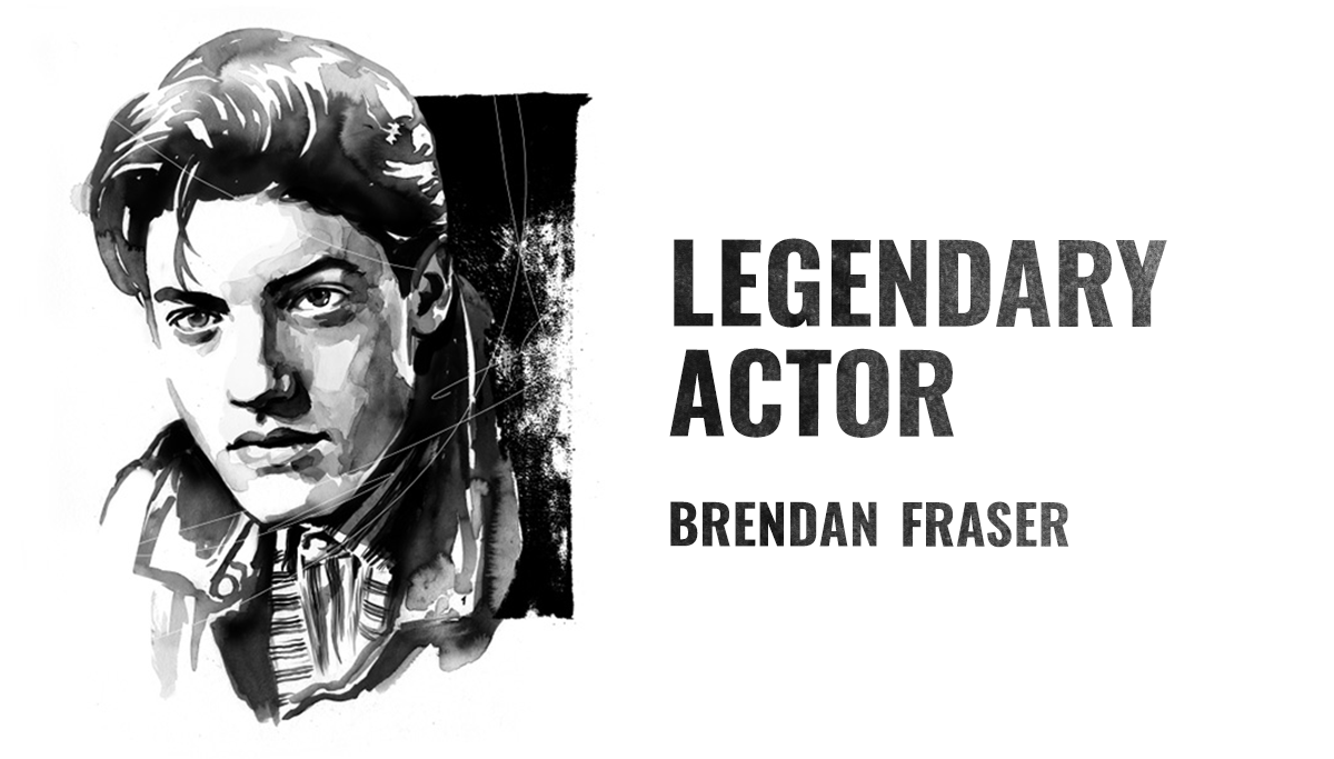 A black and white illustration of Brendan Fraser
