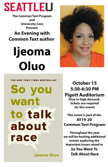 Flyer with images of Ijeoma Oluo and her book So You Want to Talk About Race?