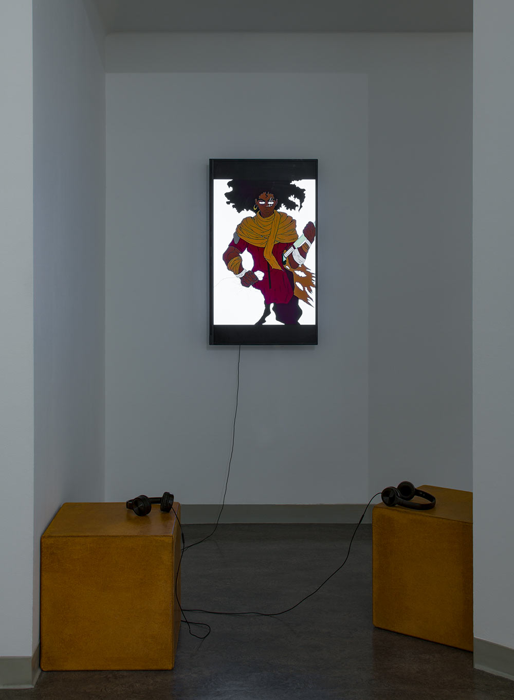 Photograph of a video piece by Torren Broussard-Boston installed in the Vachon Gallery