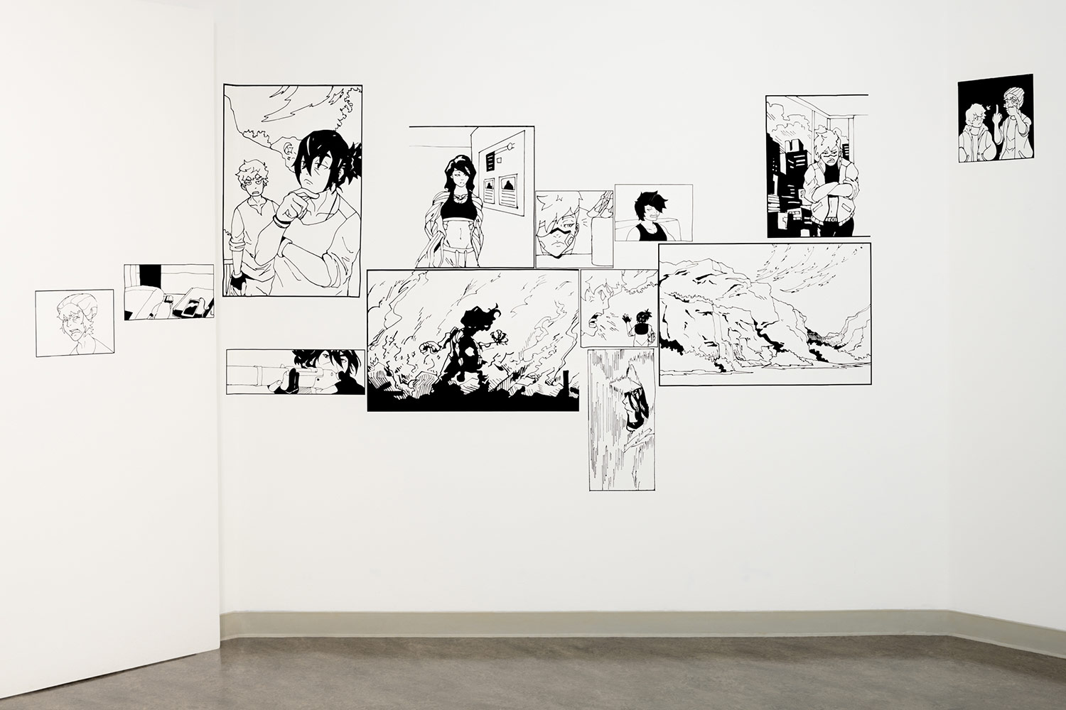 Photograph of a multi-panel comic rendered in vinyl installed in the Vachon Gallery