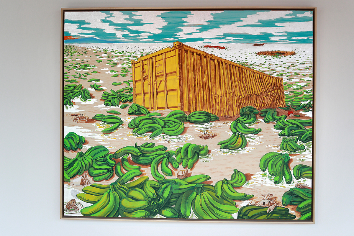 Image of a painting with a bright yellow container on a beach with green fruit