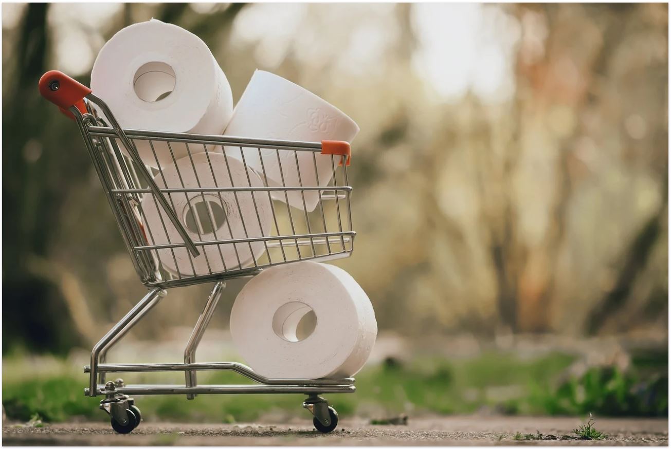 Toilet paper rolls in a small shopping cart