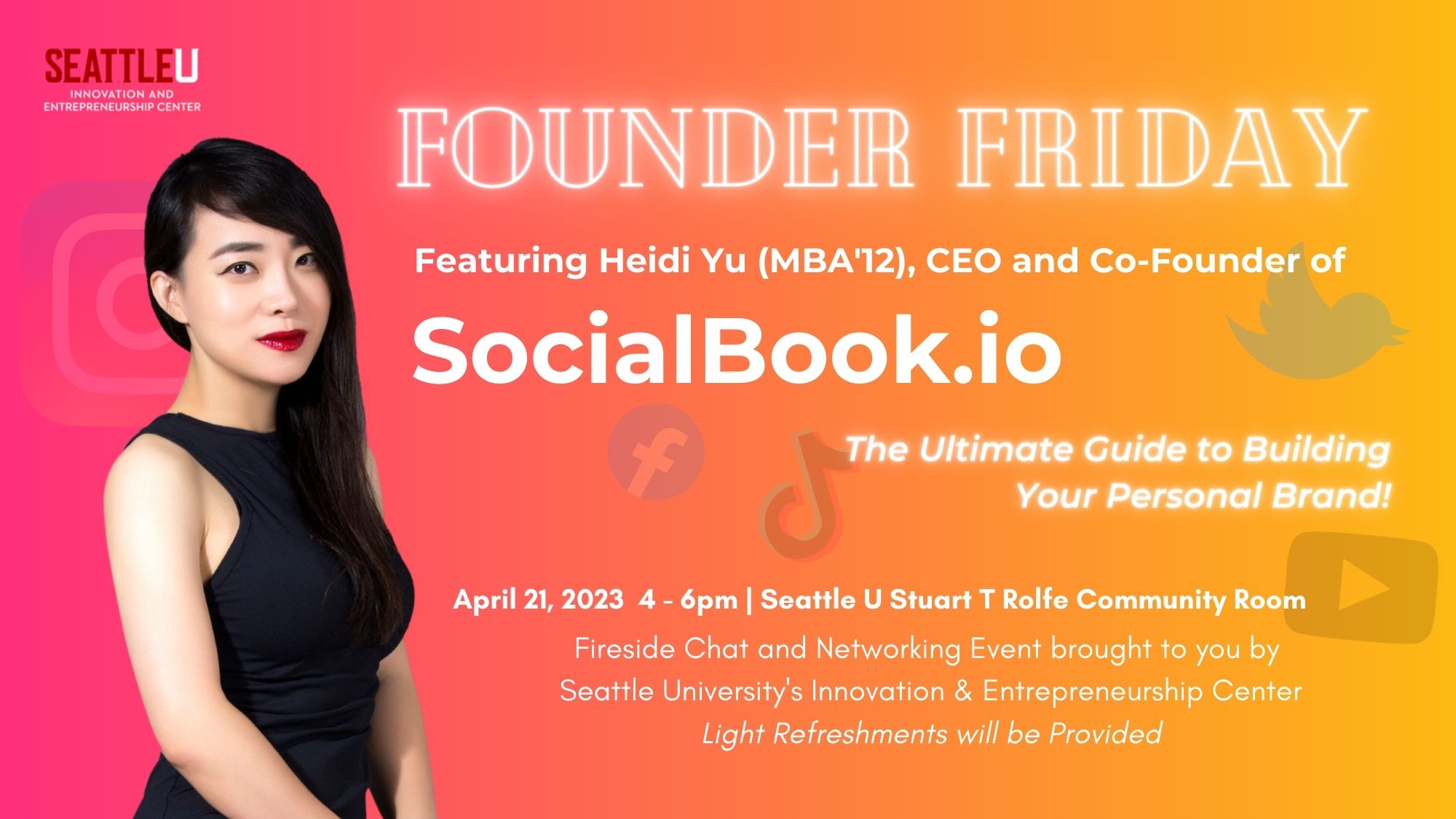 Event header for the Founder Friday with Heidi Yu on April 21, 2023 about her company SocialBook.io