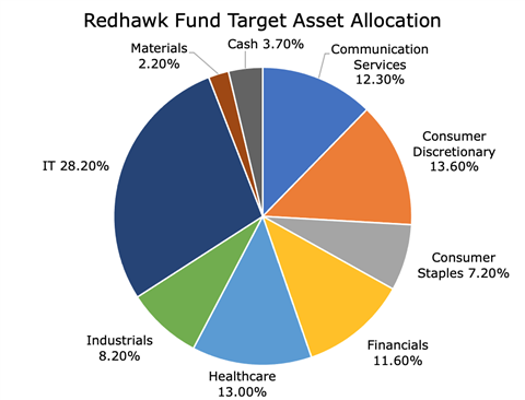 Redhawk Fund Target Asset Allocation: 28.2% information technology, 13.6% consumer discretionary, 13% health care, 12.3% communication services, 11.6% financials, 8.2% industrials, 7.2% consumer staples, 3.7% cash, 2.2% materials