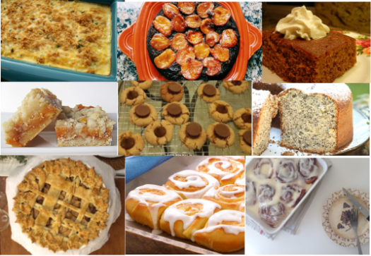 A collection of pictures of pies, cakes, cookies, breads and other holidays treats.