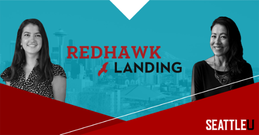 Redhawk Landing graphic with a male and female looking ahead