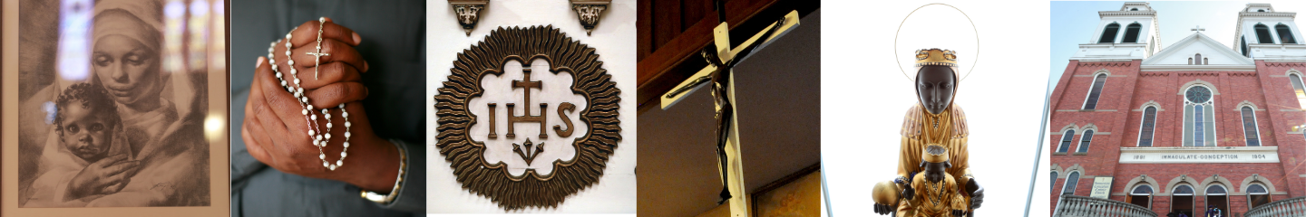 images from Immaculate Conception Church and Seattle U. A sketch of a black Madonna and Jesus a close up of a black womans hands holding rosary beads IHS symbol on a wall processional cross the statue of our lady of montserrat and exterior shot of Immaculate Conception church