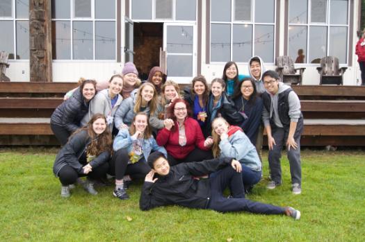 New Student Retreat leaders pose for a silly photo.