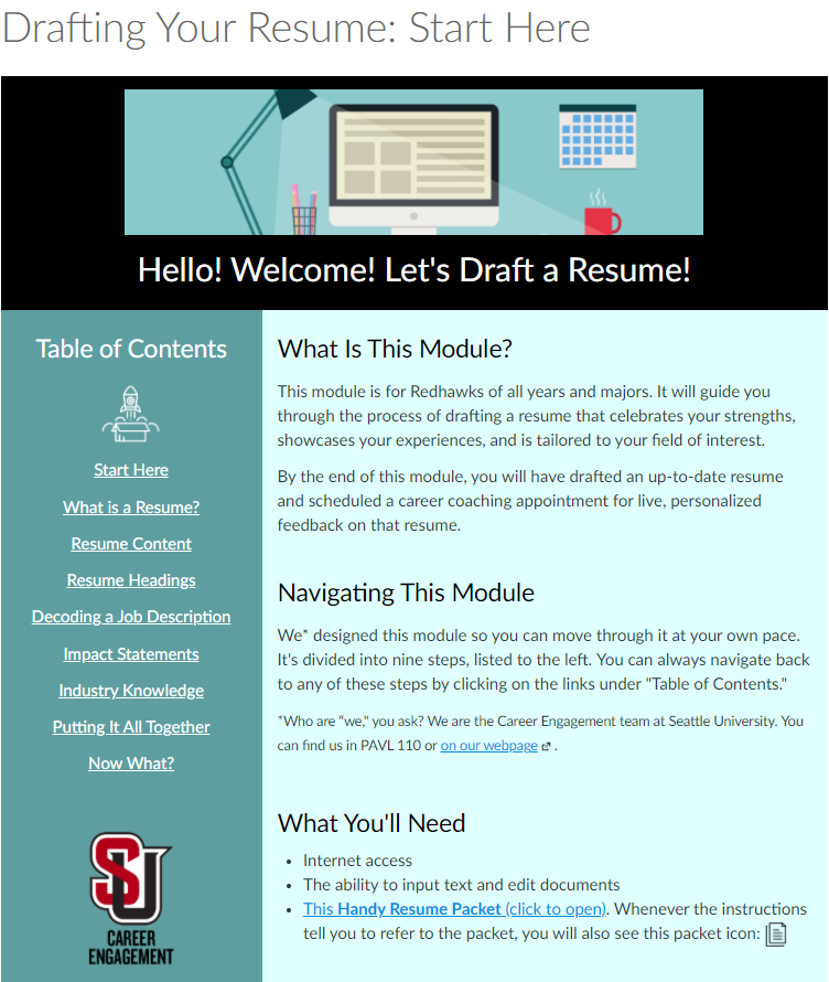 Screengrab of Canvas module on drafting a resume
