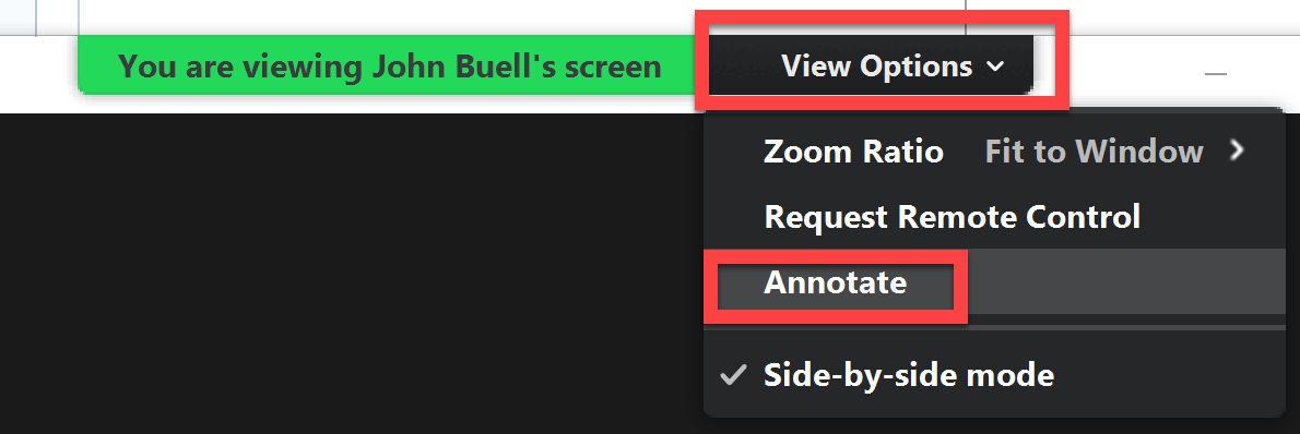 Screenshot of how to annotate on someone else's shared screen in Zoom