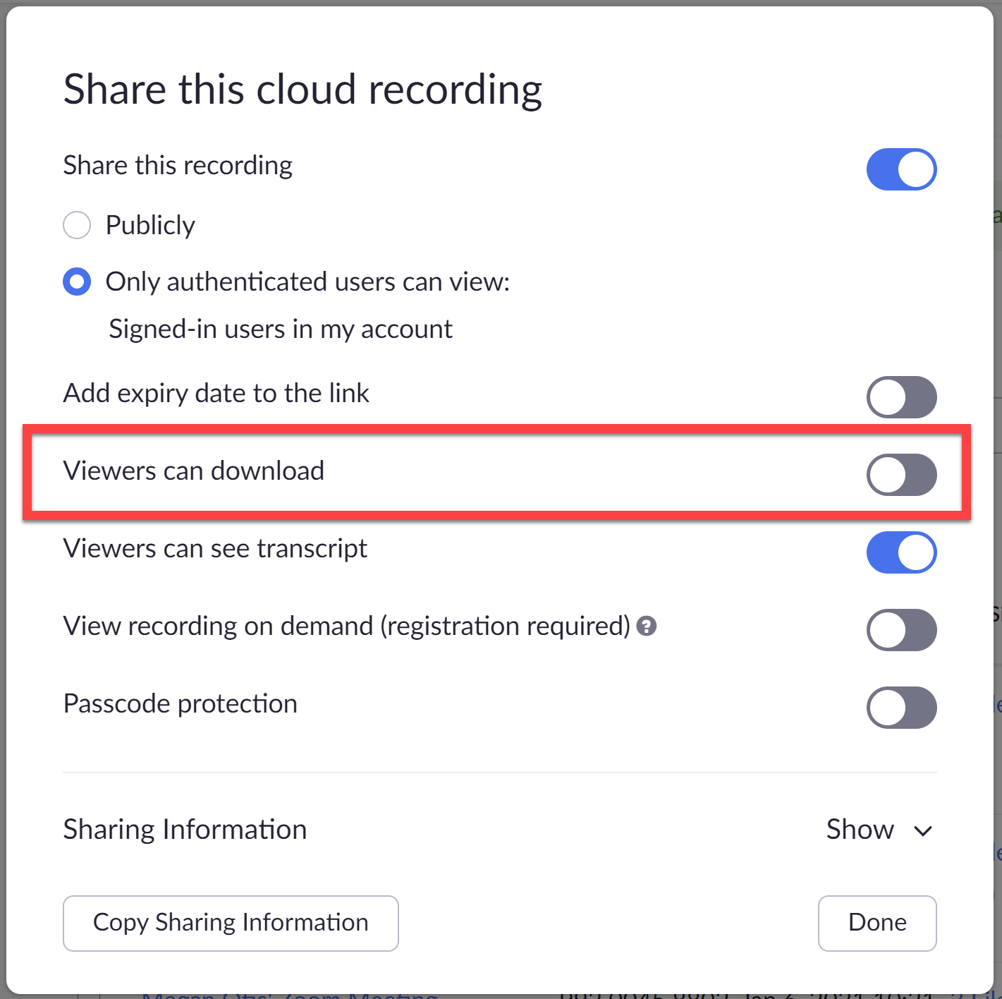 Screenshot of how to disable downloads for a Zoom Cloud Recording under Share