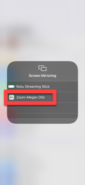 Screenshot showing select a device in which to mirror your iPhone or iPad screen
