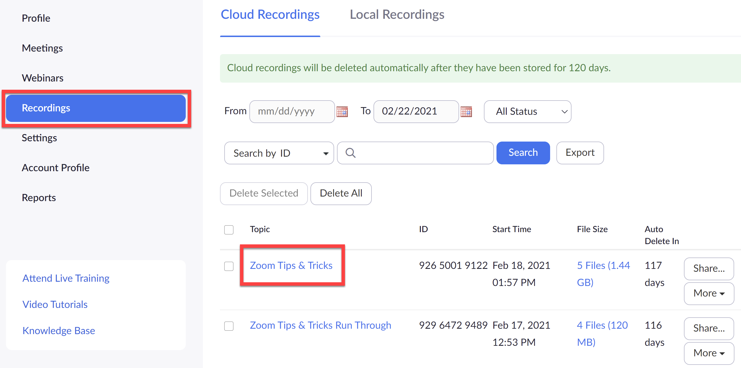 Screenshot of how to locate a Zoom Cloud Recording in Zoom Web Portal