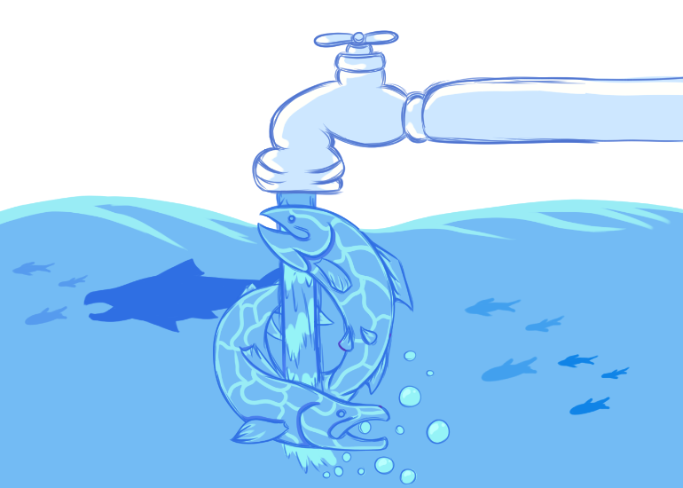Graphic for water. There is a faucet running water into the bottom half of graphic, also water. There are two fish swimming around the water stream and more fish in background.