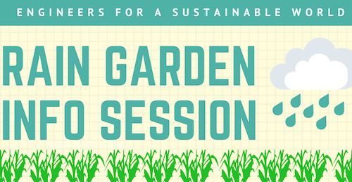 flyer with 'Rain Garden Info Session' text overlayed a grid background featuring rainy clouds and grass