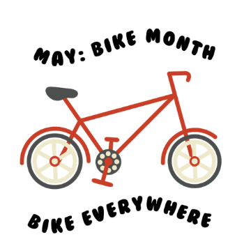 icon of bike with text saying May: Bike Month, Bike everywhere