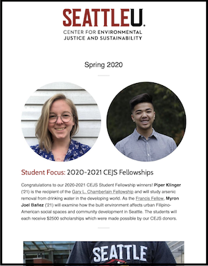 photo of newsletter cover - showing headshots of two students who have CEJS fellowship