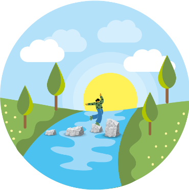 cartoon character crossing a river on stepping stones