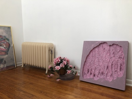 artwork with radiator, flowers and painting