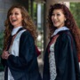 Amber Rodriguez-Munoz and Eva Rodriguez posing on campus in their graduation gowns.