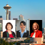 Three women leaders and Seattle skyline