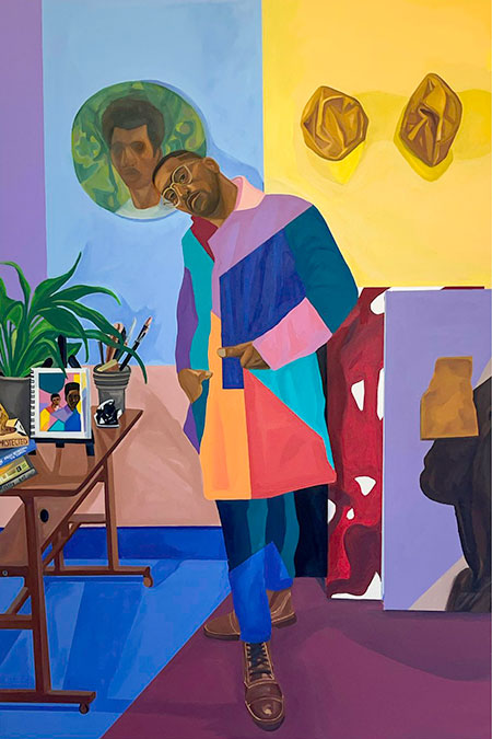 a painting of a black man in a colorful coat with his head tilted to the right, standing in a colorful room.