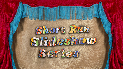 Red curtain with blue trim around the words, Short Run Slideshow Series