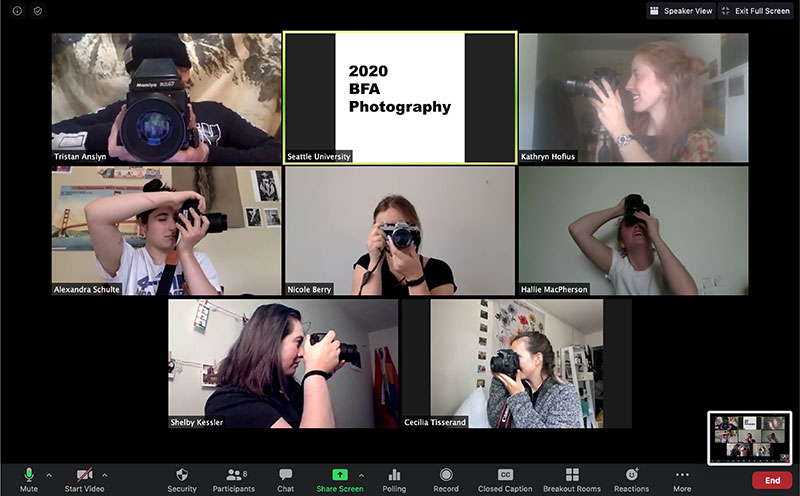 screen shot of a zoom  meeting with bfa photography students pointing cameras at each other