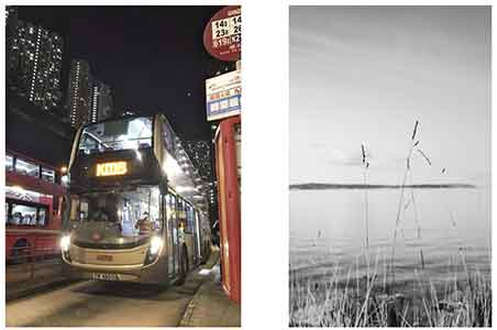 two photographs, Left: a double decker bus a night, RIght: a black and white landsacpe of water 