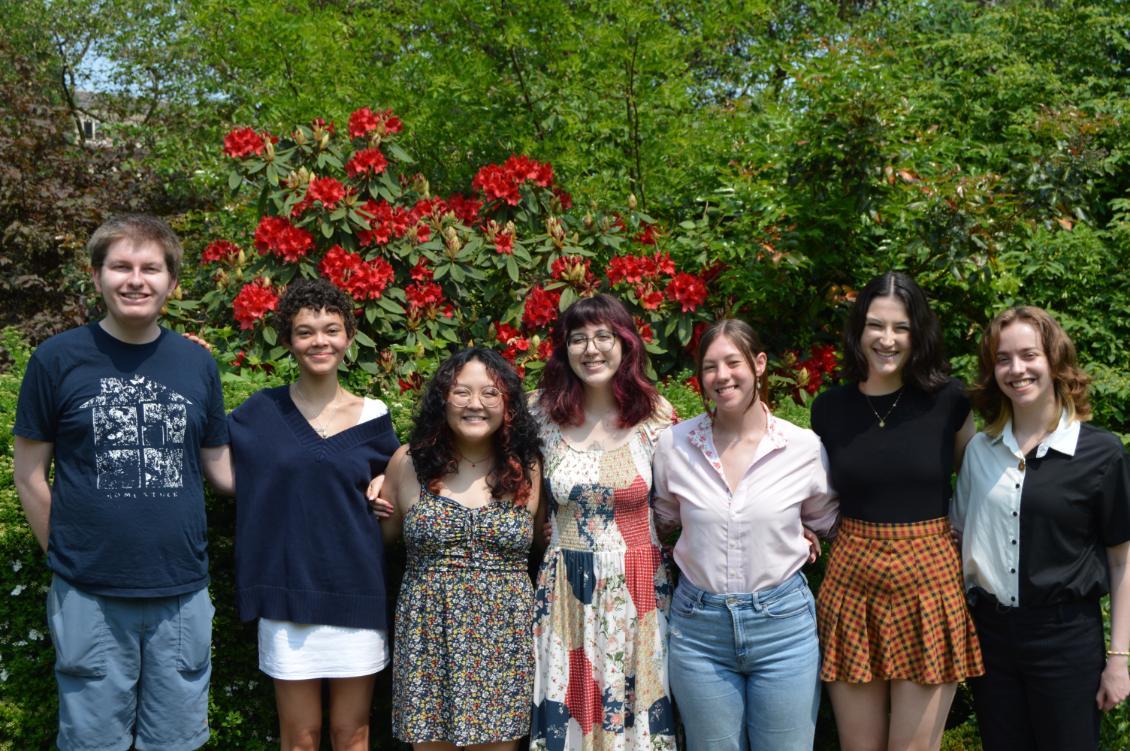 Photo of SUURJ Volume 7 student editors, from L to R: Tripp Ceyssens, Olivia Moretta, Katrina Manacio, Riley Flanagan, Masami Carpenter, Olivia Merrick, and Nicole Beauvais.